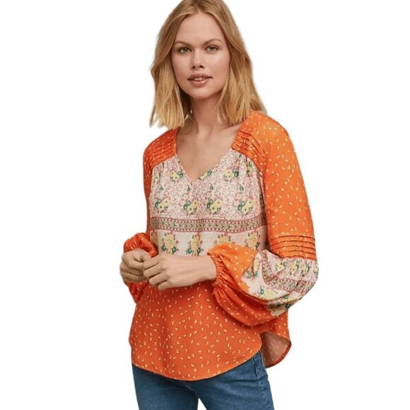 Anthropologie Tops - Anthropologie Maeve Ceresco Floral Boho Orange Peasant Top